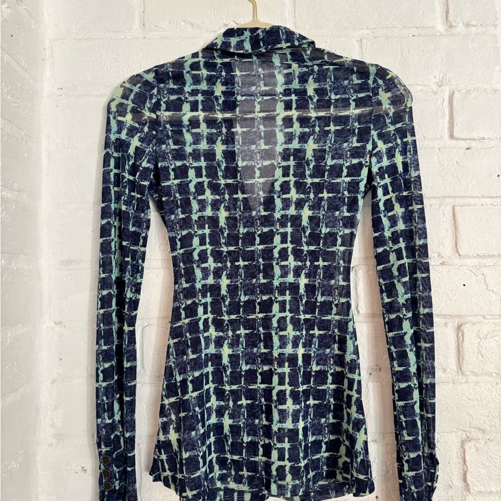 Free People Ruched Button Front Mesh Top Blue Green Print XS - Picture 4 of 5